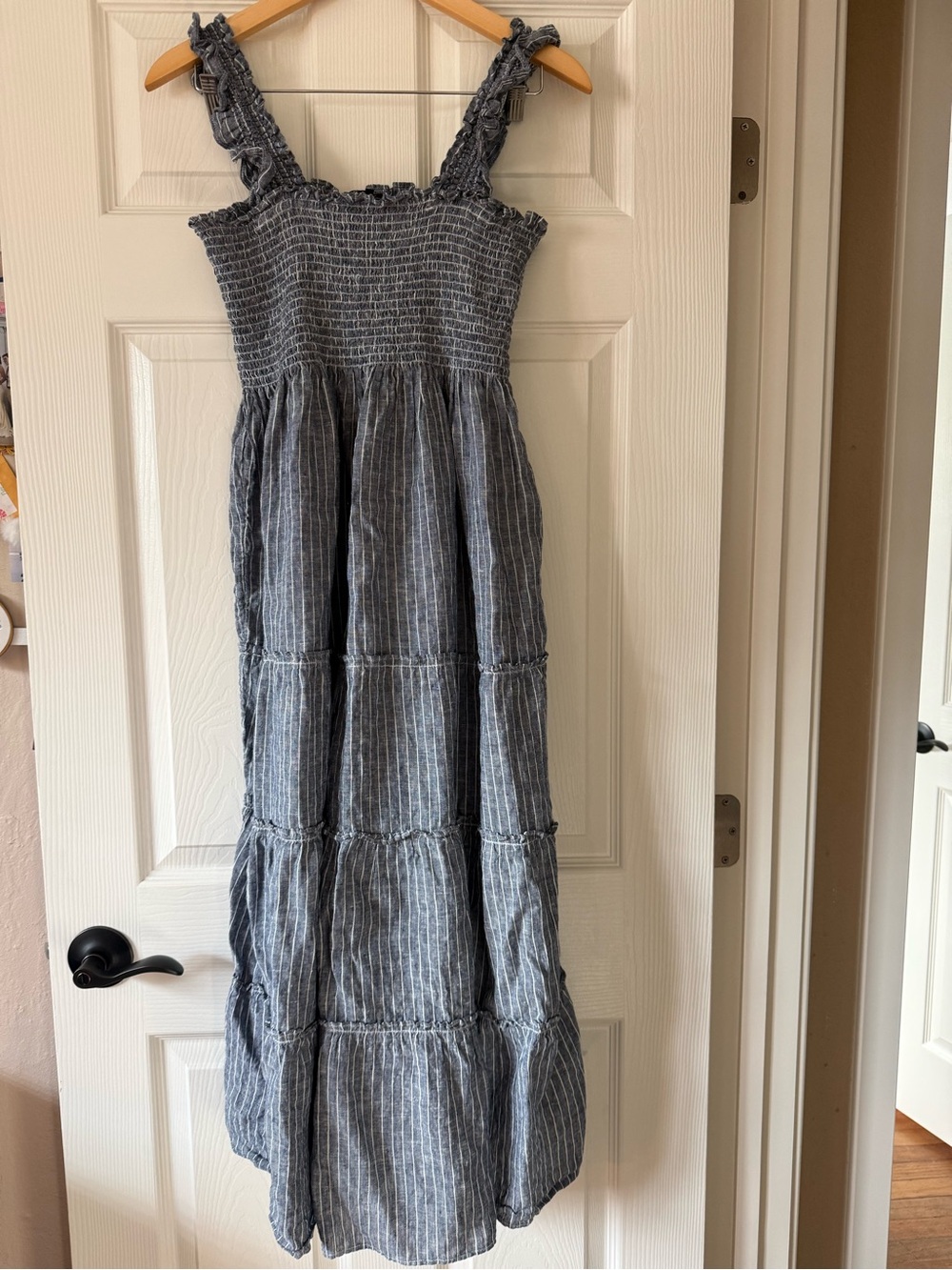 QUINCE Smocked Tiered Maxi Dress - Blue and white stripes. - Picture 2 of 4